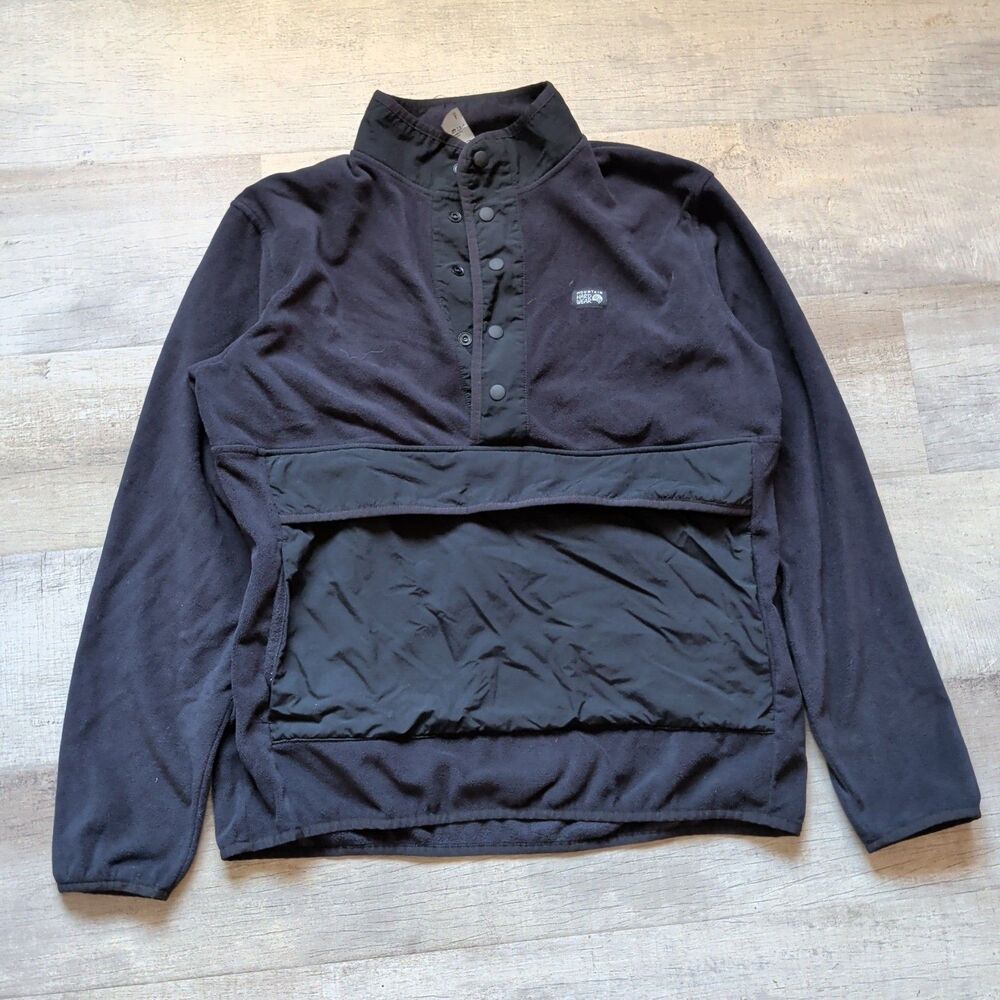 Mountain Hardwear Men's Large Black Fleece Pullover Snap Placket Pocket Outdoor